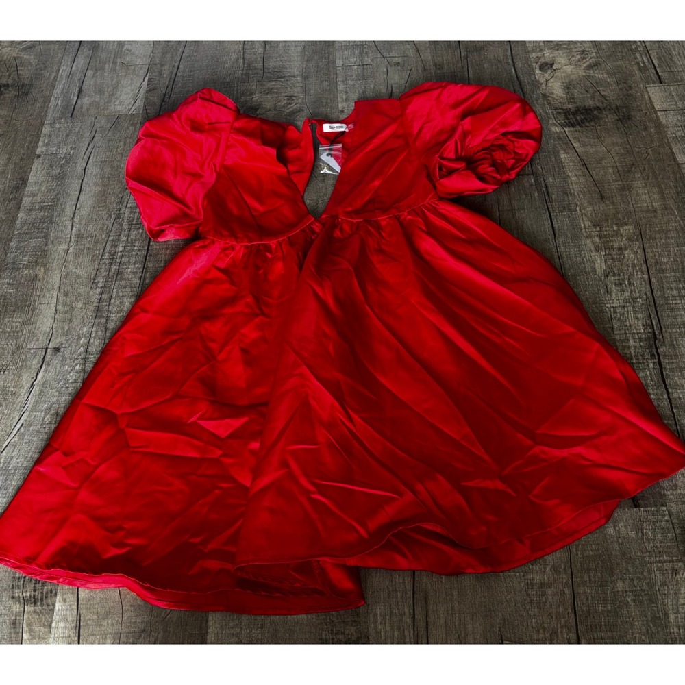 Day + Moon Red Satin Puff Sleeve Babydoll Mini Dress Size M New